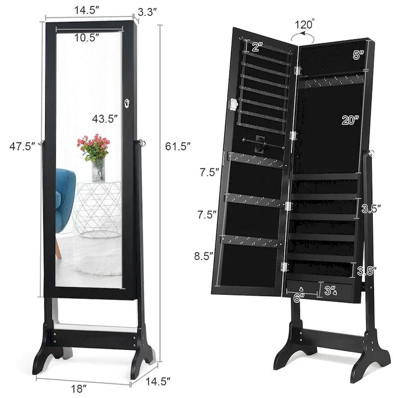 Armoire à bijoux miroir avec tiroirs et crochets - 18 x 14,5 x 61,5