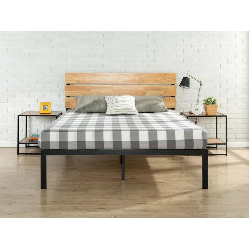Cadre de lit plateforme moderne en métal King size avec tête de lit et lattes en bois
