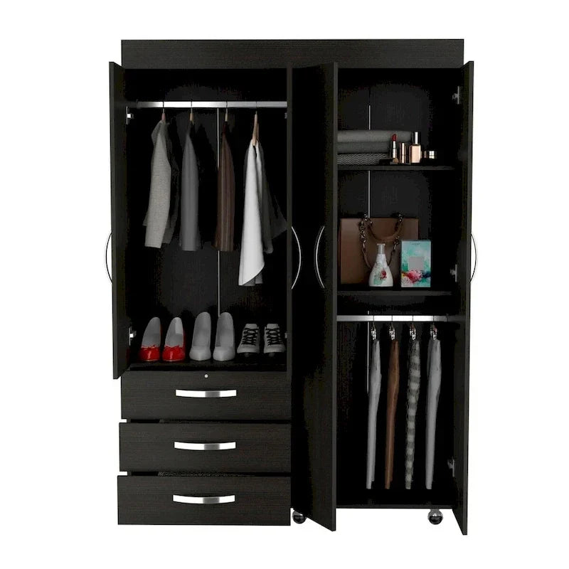 Armoire mobile Denver avec tringles, armoire à double porte, 3 tiroirs et 2 étagères - N/A