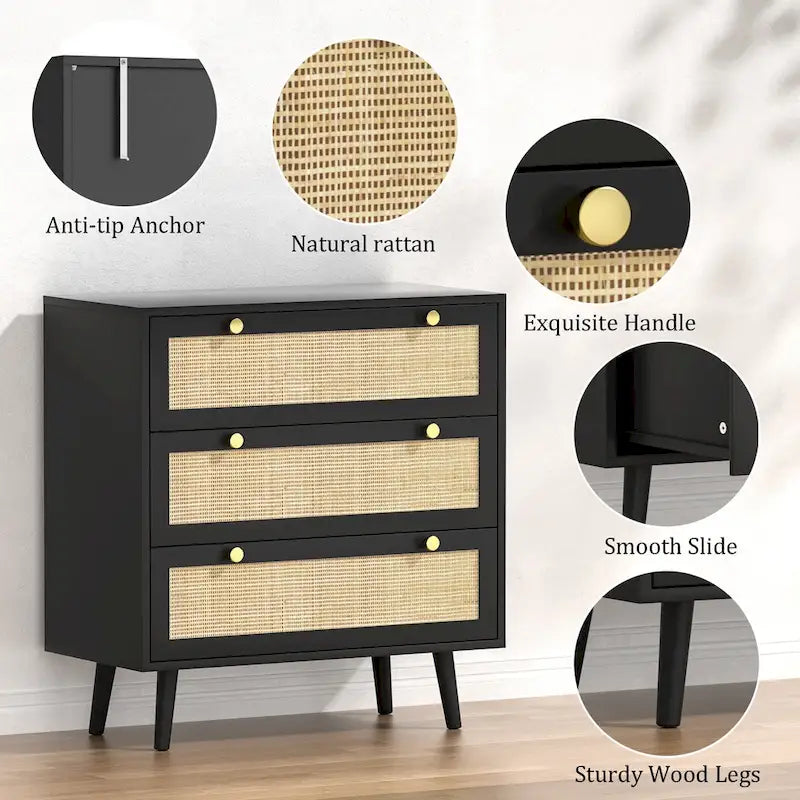 Commode moderne Anmytek noire à 3 tiroirs, meuble de rangement en rotin pour chambre à coucher