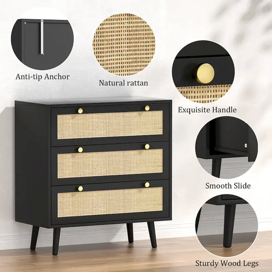 Commode moderne Anmytek noire à 3 tiroirs, meuble de rangement en rotin pour chambre à coucher