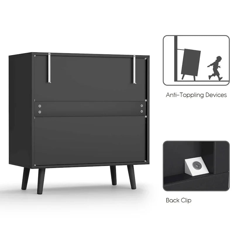 Commode moderne Anmytek noire à 3 tiroirs, meuble de rangement en rotin pour chambre à coucher