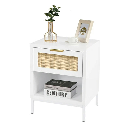 Table de chevet Anmytek de style moderne du milieu du siècle, avec 1 tiroir, blanche, en bois, avec étagère de rangement pour chambre à coucher