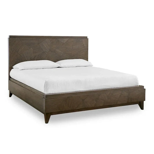 Lit Queen bas de Dee Mahogany Wood, brun avoine géométrique