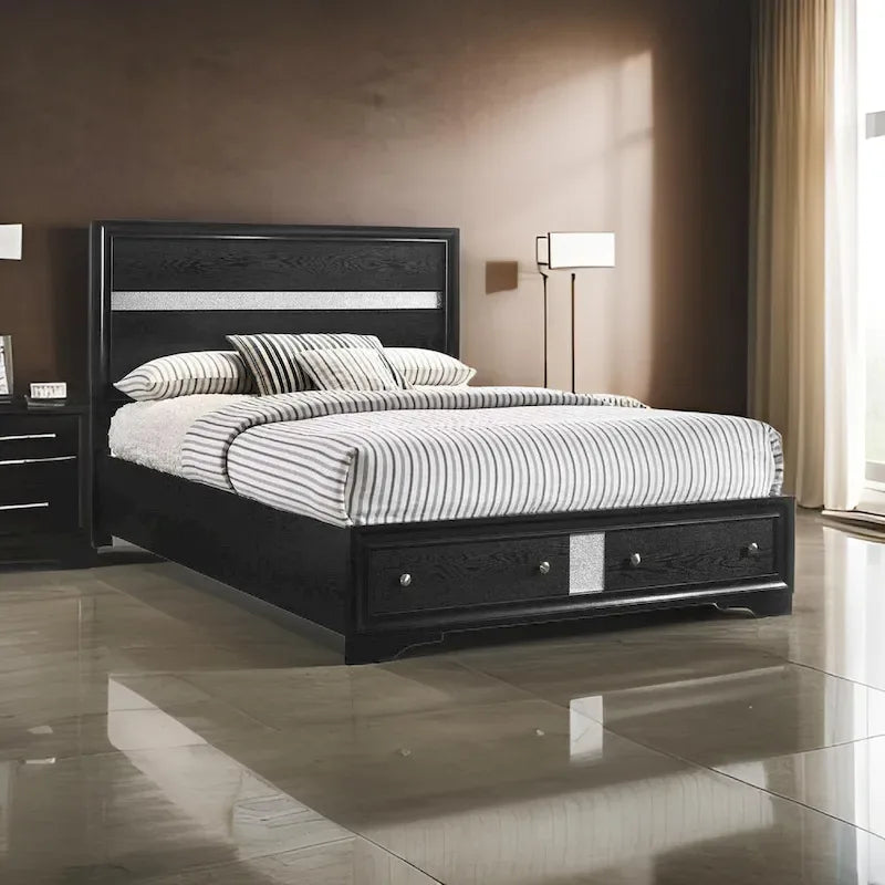 Lit double Regi, 2 tiroirs de rangement, tête de lit rayée argent, bois noir