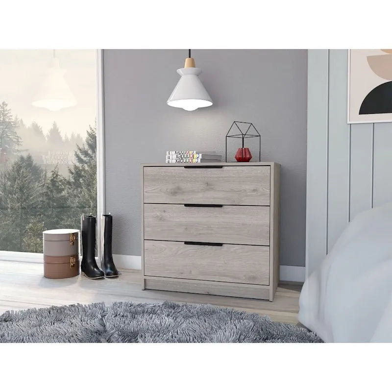 Commode à 3 tiroirs Maryland, plateau supérieur, finition gris clair, haute qualité et durable