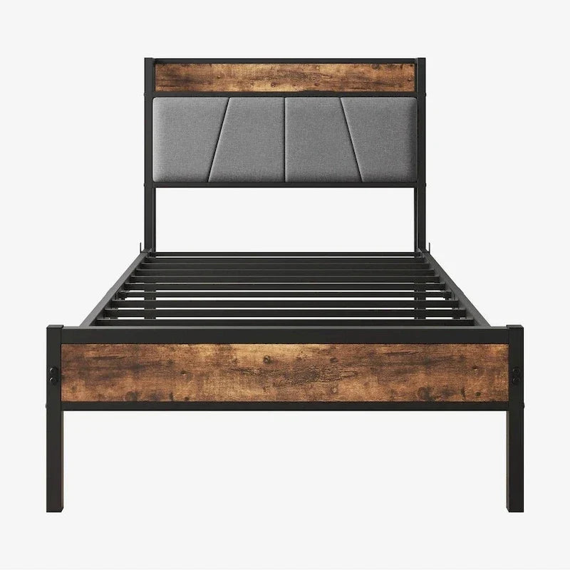 Cadre de lit double, tête de lit de rangement avec station de recharge, sommier tapissier non requis