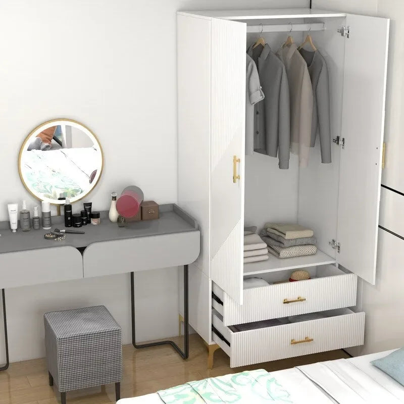 2 Door 2 Drawers, White Armoires, Wardrobe Cabinet, Suitable for Wardrobes in Bedrooms, Offices