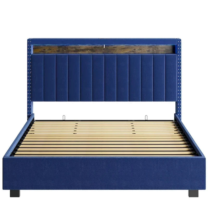 Lit coffre King Size avec vérins à gaz et éclairage LED RF, tête de lit de rangement, velours King Size