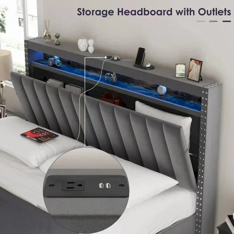Lit coffre King Size avec vérins à gaz et éclairage LED RF, tête de lit de rangement, velours King Size