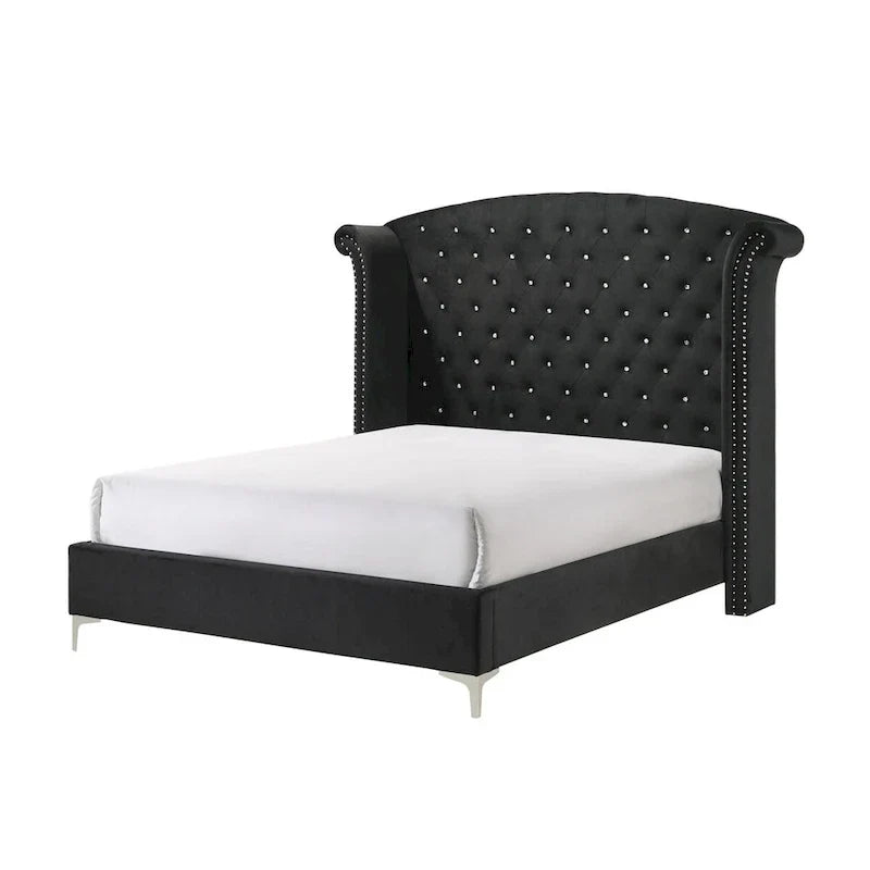 Lit King Sheridan Black Velvet avec tête de lit en velours touffeté et dossier d'ailes