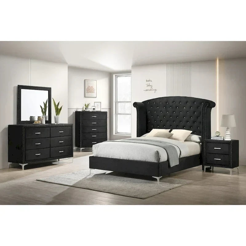 Lit King Sheridan Black Velvet avec tête de lit en velours touffeté et dossier d'ailes