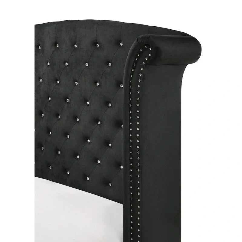 Lit King Sheridan Black Velvet avec tête de lit en velours touffeté et dossier d'ailes