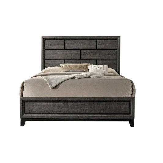 Lit Queen Mazie, tête de lit style brique, pieds coniques noirs, bois chêne gris