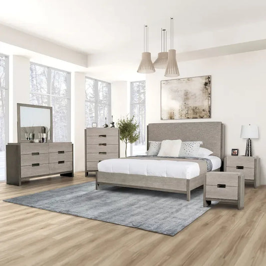Ensemble de chambre Furniture of America Cruz contemporain gris en bois massif 6 pièces : lit, 2 tables de nuit, commode, coiffeuse et miroir