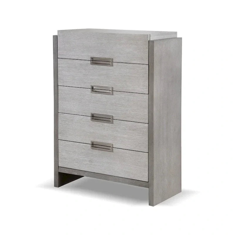 Ensemble de chambre Furniture of America Cruz contemporain gris en bois massif 6 pièces : lit, 2 tables de nuit, commode, coiffeuse et miroir