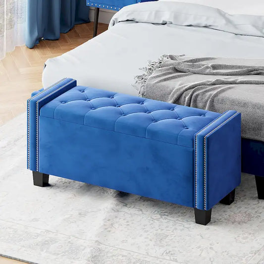 Banc Ottoman de Rangement en Velours capitonné pour Chambre à Coucher, Banc Bout de Lit avec Rivets, Repose-pieds capitonné