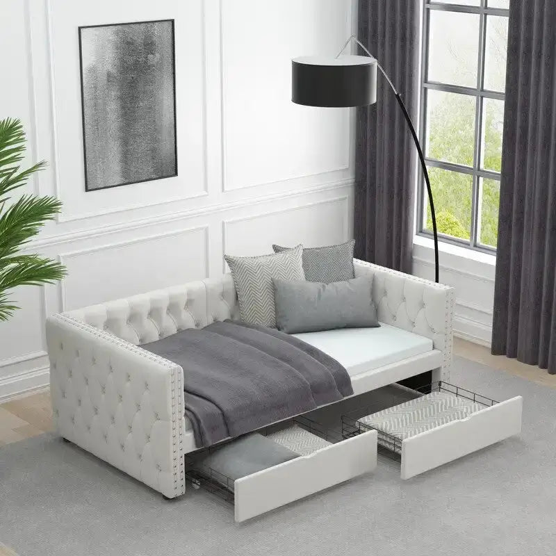 Lit de repos capitonné simple avec tiroirs, boutons et clous cuivrés