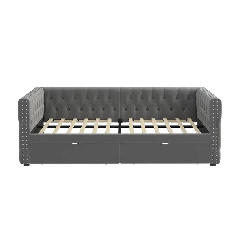 Lit de repos capitonné simple avec tiroirs, boutons et clous cuivrés