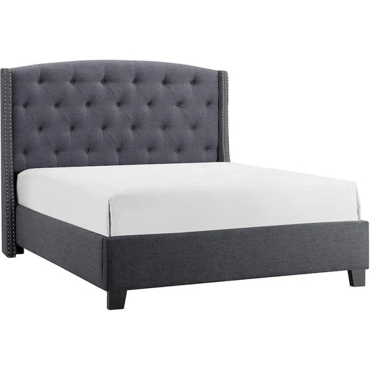 Lit King Size Elle, profil bas, tête de lit capitonnée, gris