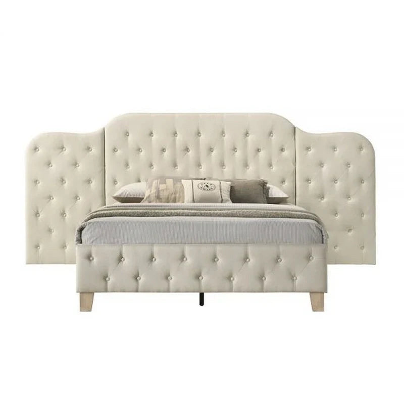 Lit Queen Size Ronny Inch, tête de lit murale, revêtement en lin touffeté beige