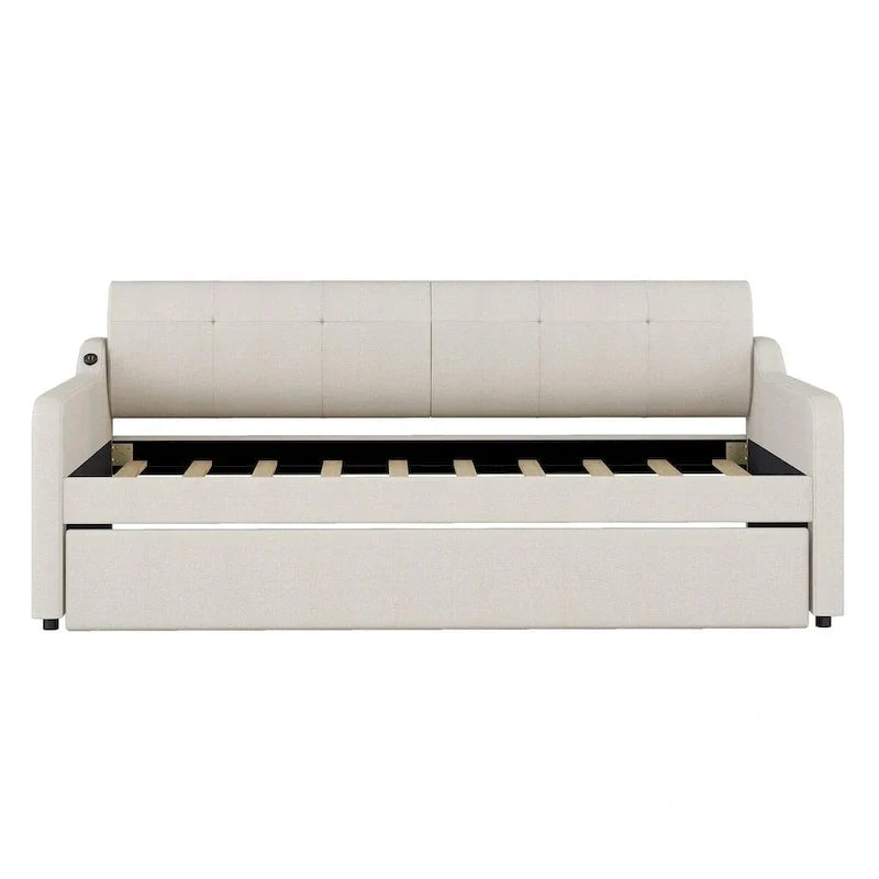 Lit de repos capitonné Twin avec lit gigogne et port de charge USB, le lit gigogne pouvant être à plat ou relevé et dossier capitonné