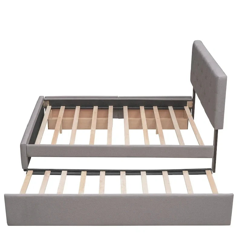 Lit plateforme rembourré avec 2 tiroirs et 1 lit gigogne jumeau XL, en tissu lin, format Queen