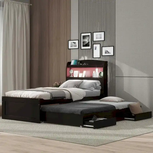 Lit plateforme Twin XL avec tête de lit LED et lit gigogne Twin