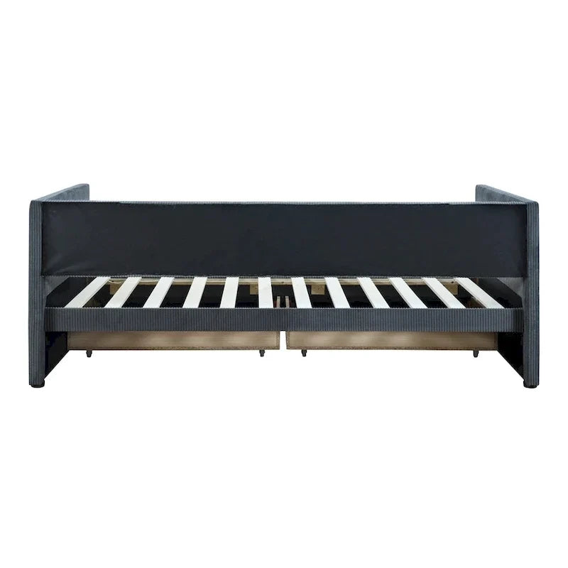 Lit de repos rembourré en velours côtelé avec deux tiroirs de rangement et cadre à lattes en bois et tête de lit, pas besoin de sommier tapissier