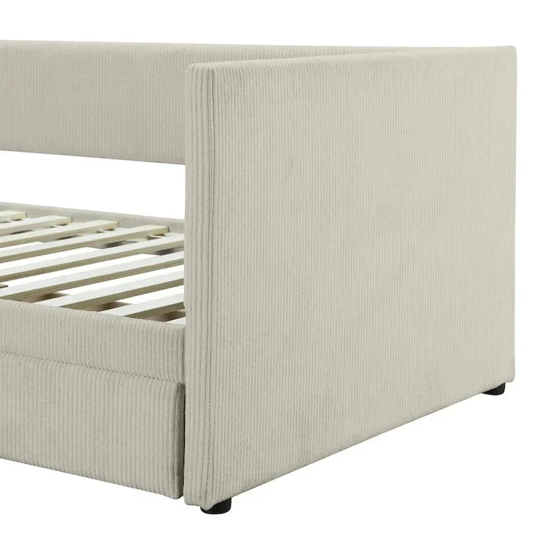 Lit de repos rembourré en velours côtelé avec deux tiroirs de rangement et cadre à lattes en bois et tête de lit, pas besoin de sommier tapissier