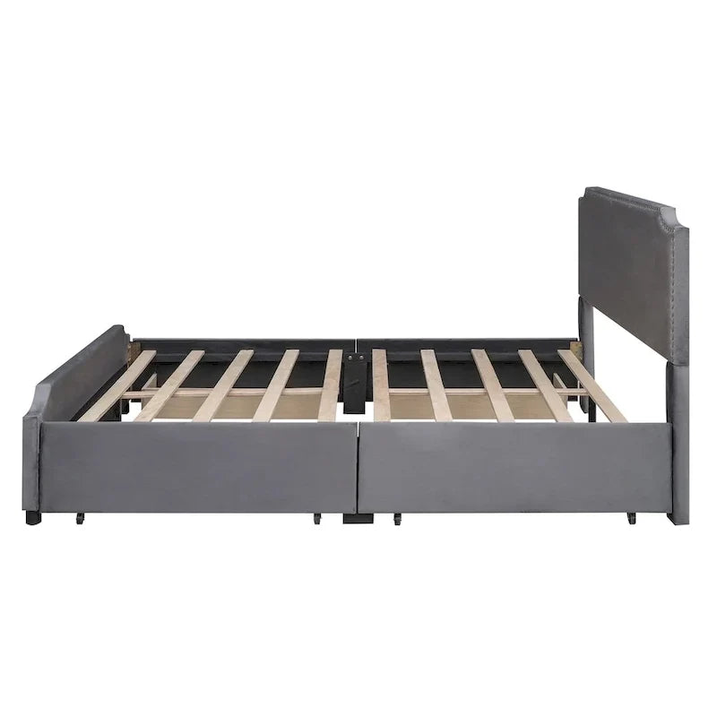 Lit plateforme capitonné en velours, avec tête de lit et pied de lit ornés de clous, 4 tiroirs de rangement intégrés, pas besoin de sommier.