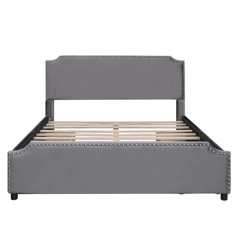 Lit plateforme capitonné en velours, avec tête de lit et pied de lit ornés de clous, 4 tiroirs de rangement intégrés, pas besoin de sommier.