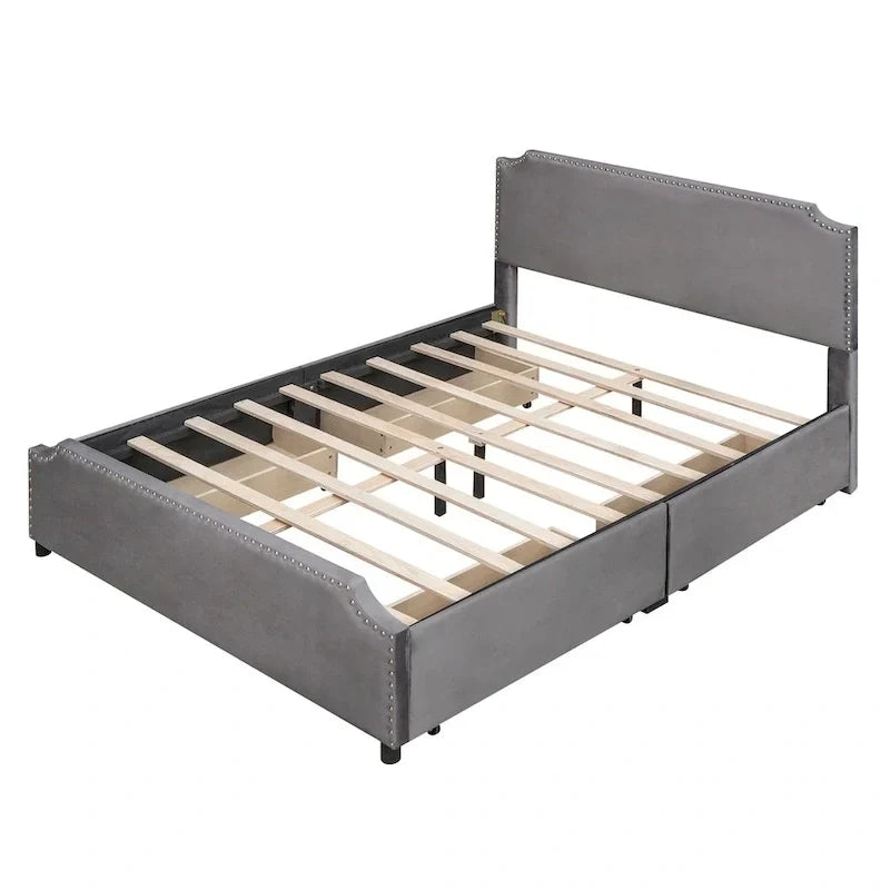 Lit plateforme capitonné en velours, avec tête de lit et pied de lit ornés de clous, 4 tiroirs de rangement intégrés, pas besoin de sommier.