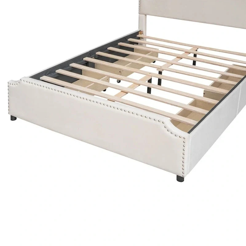 Lit plateforme capitonné en velours, avec tête de lit et pied de lit ornés de clous, 4 tiroirs de rangement intégrés, pas besoin de sommier.