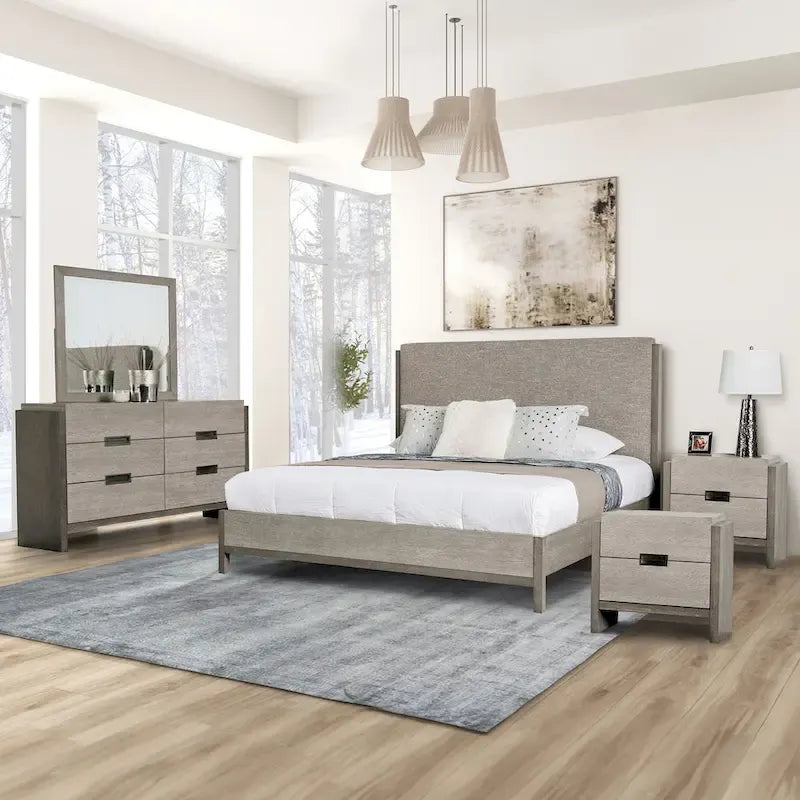 Furniture of America Cruz Ensemble de chambre contemporain 5 pièces gris en bois massif avec lit, 2 tables de chevet, commode et miroir