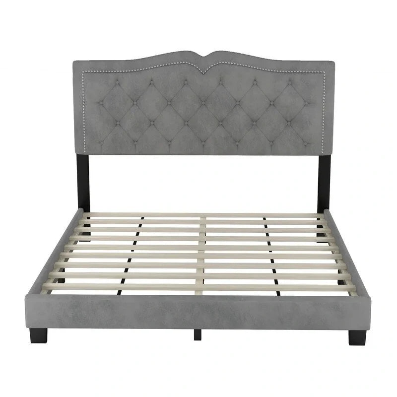 Cadre de lit tapissé Queen Size avec design riveté, lit plateforme moderne en velours avec tête de lit capitonnée