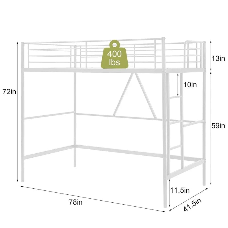 Lit mezzanine taille jumeau, cadre de lit en métal robuste avec garde-corps pleine longueur et escalier amovible pour juniors et adultes