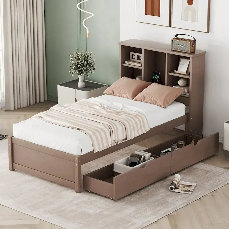 Cadre de lit moderne double avec port USB intégré sur la tête de lit bibliothèque et 2 tiroirs pour chambre à coucher, salon