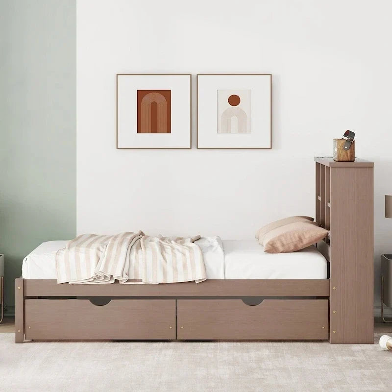 Cadre de lit moderne double avec port USB intégré sur la tête de lit bibliothèque et 2 tiroirs pour chambre à coucher, salon