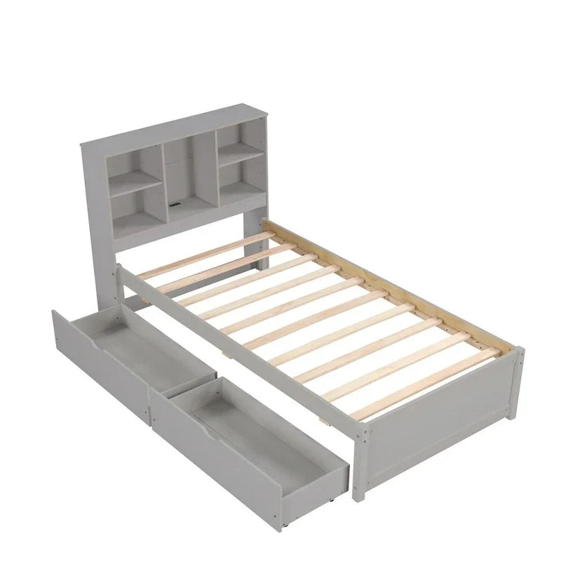 Cadre de lit moderne double avec port USB intégré sur la tête de lit bibliothèque et 2 tiroirs pour chambre à coucher, salon