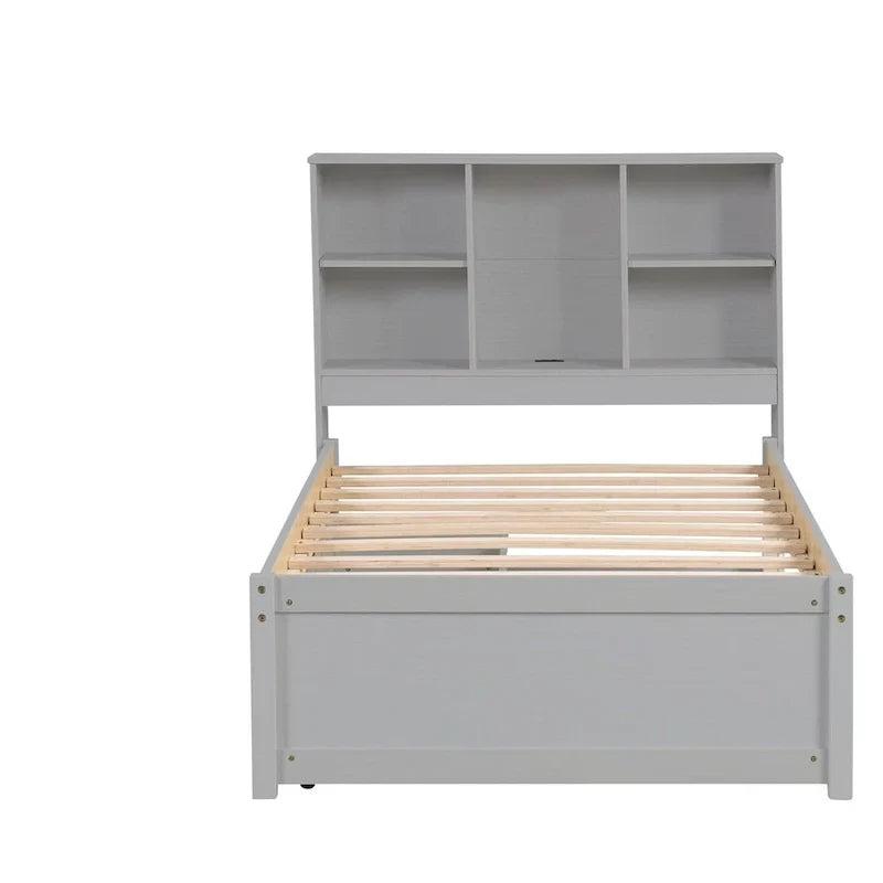 Cadre de lit moderne double avec port USB intégré sur la tête de lit bibliothèque et 2 tiroirs pour chambre à coucher, salon