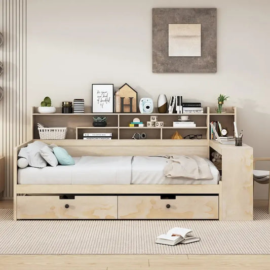 Lit de repos double en bois avec étagères de rangement