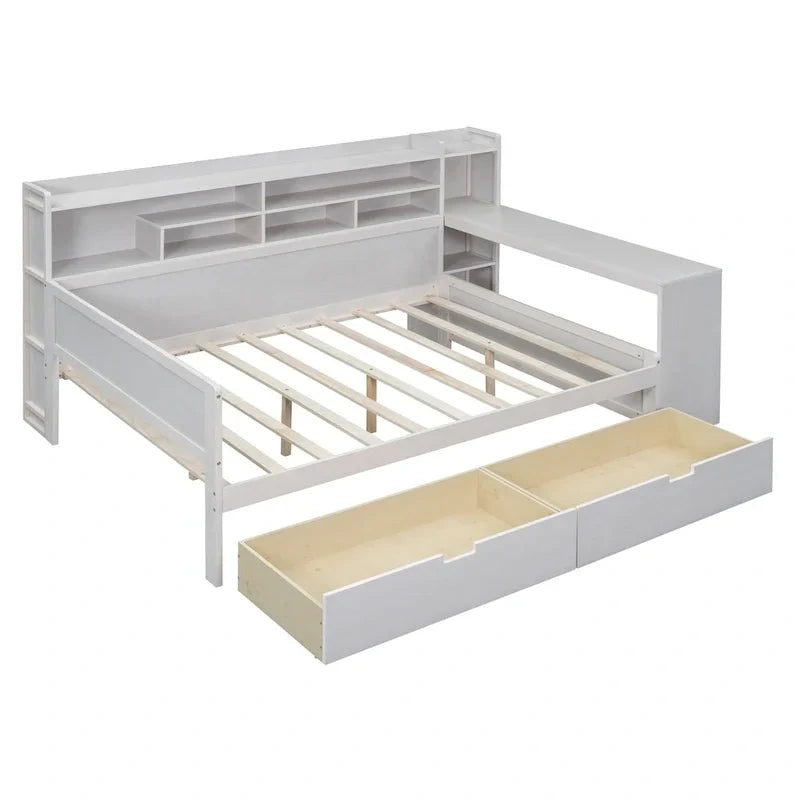 Lit de repos double en bois avec étagères de rangement