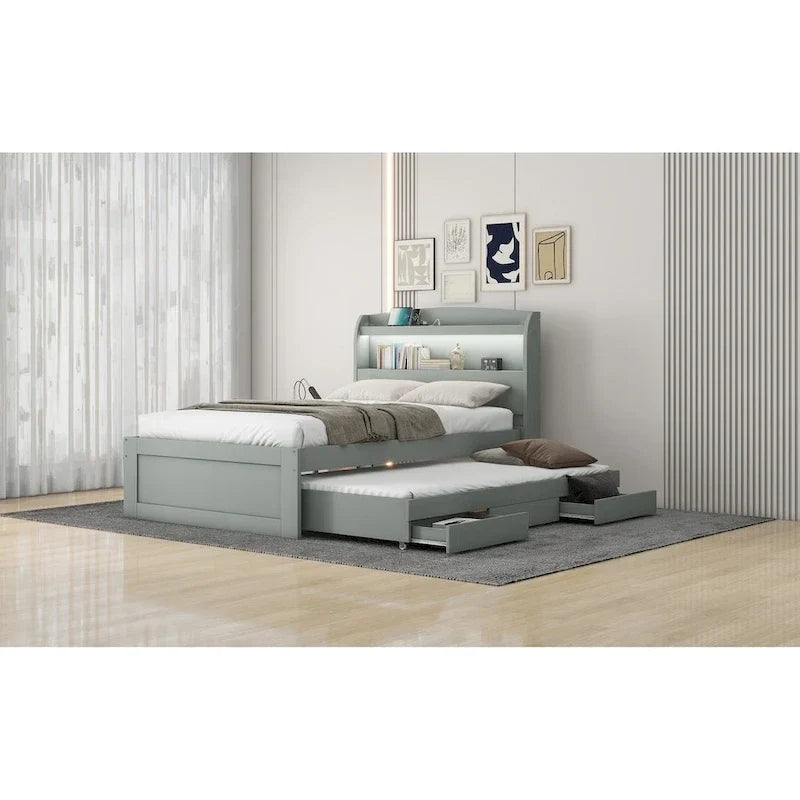 Lit plateforme Twin XL avec rangement et tête de lit LED, station de charge, lit gigogne simple et 2 tiroirs