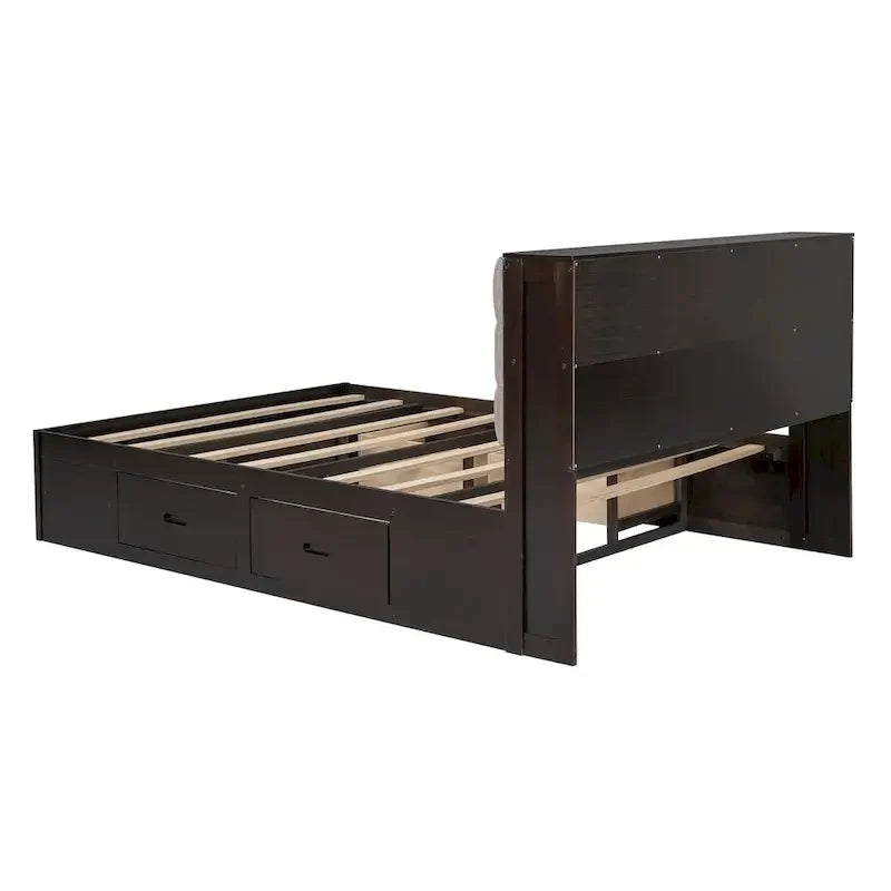 Lit plateforme en bois avec tête de lit de rangement, range-chaussures et 4 tiroirs