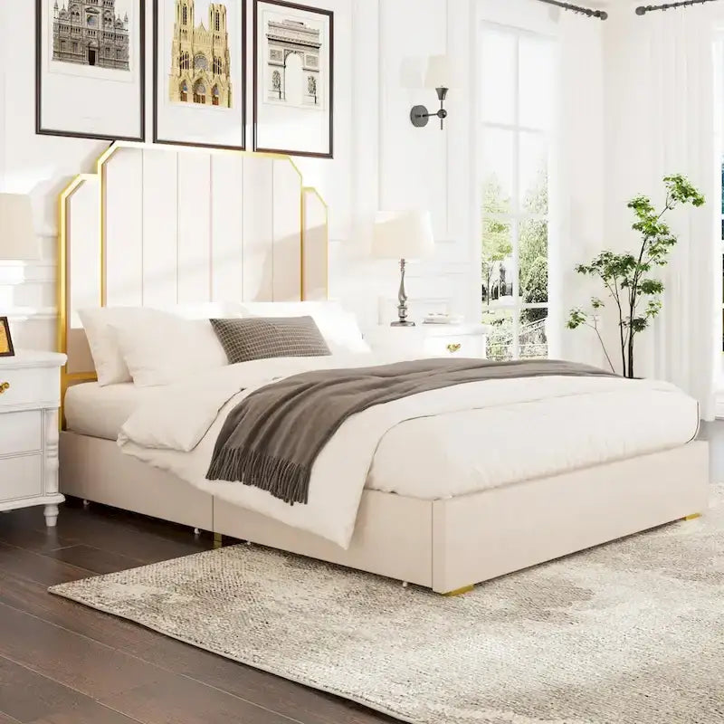 Cadre de lit Queen Size rembourré avec tête de lit de 150 cm et garniture plaquée or