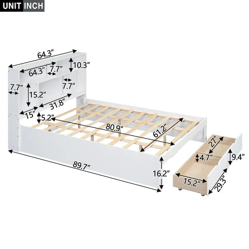 Lit plateforme Queen Size avec tête de lit de rangement et 2 tiroirs
