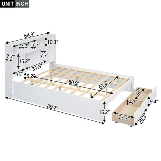 Lit plateforme Queen Size avec tête de lit de rangement et 2 tiroirs