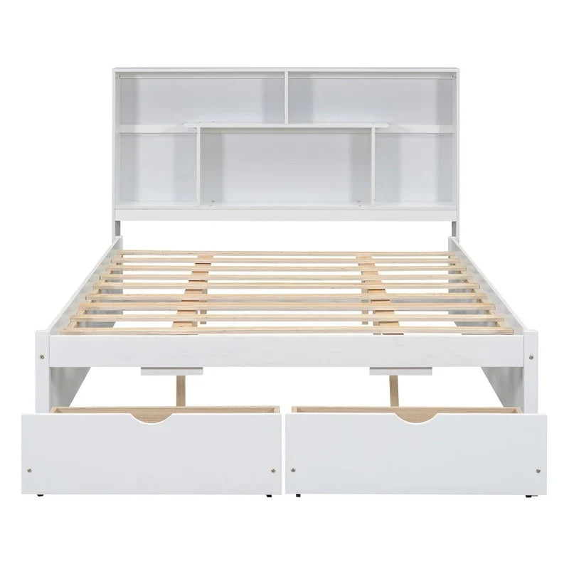 Lit plateforme Queen Size avec tête de lit de rangement et 2 tiroirs