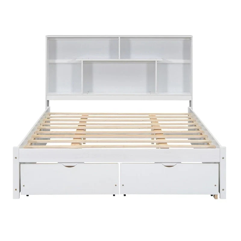 Lit plateforme Queen Size avec tête de lit de rangement et 2 tiroirs